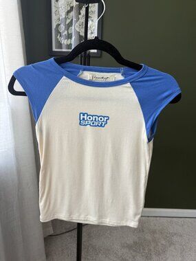 Honor Blue White Raglan Baseball Tee S